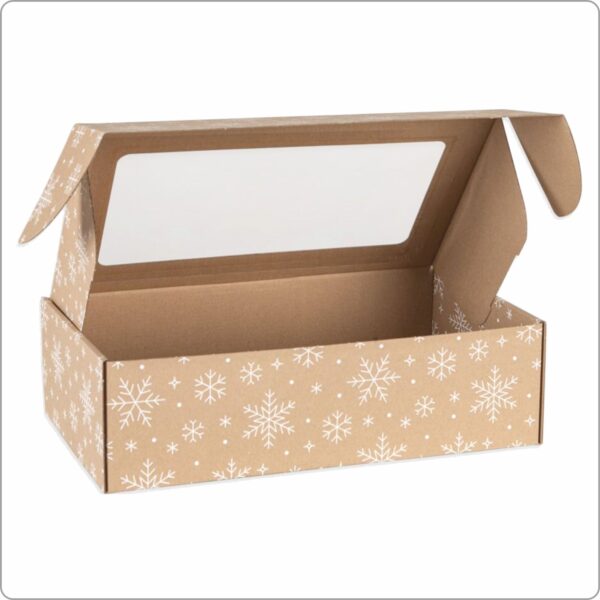 Kinkekarp Christmas 35x20x10 cm (laius x pikkus x kõrgus/ sisemõõdud) trükk Lumehelbed valge, aken 28x13 cm f0427, 3-kihiline lainepapp ca 1,5 mm pruun/pruun